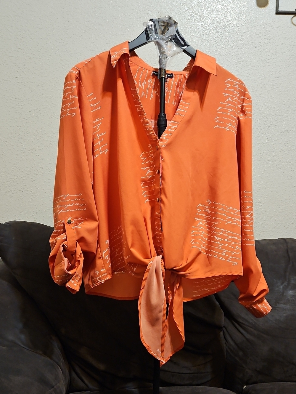 Tie-Front Orange Script-Print Blouse